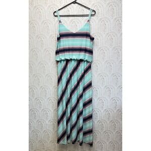 Maurices Maxi Dress Womens Large Teal Blue Striped Blouson Sleeveless Knit Lined